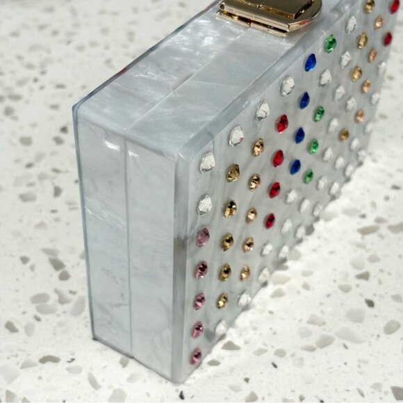 Milly Box Acrylic Clutch Swarovski Crystal Rainbow Stripe Removable Chain - Picture 4 of 14